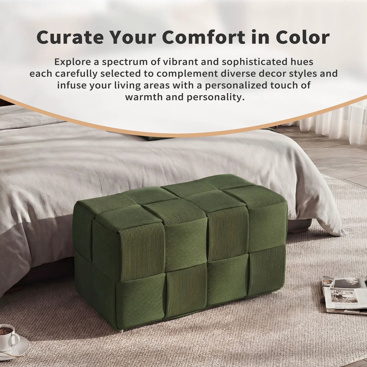 Modern Ottoman Foot Rest | Woven Design | Engineered Wood Frame | 14.2 Inch Cube