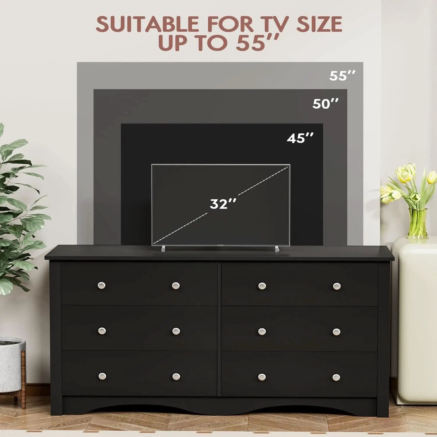 Black Dresser With 6 Drawers And TV Stand Storage Chest from PriceLows™