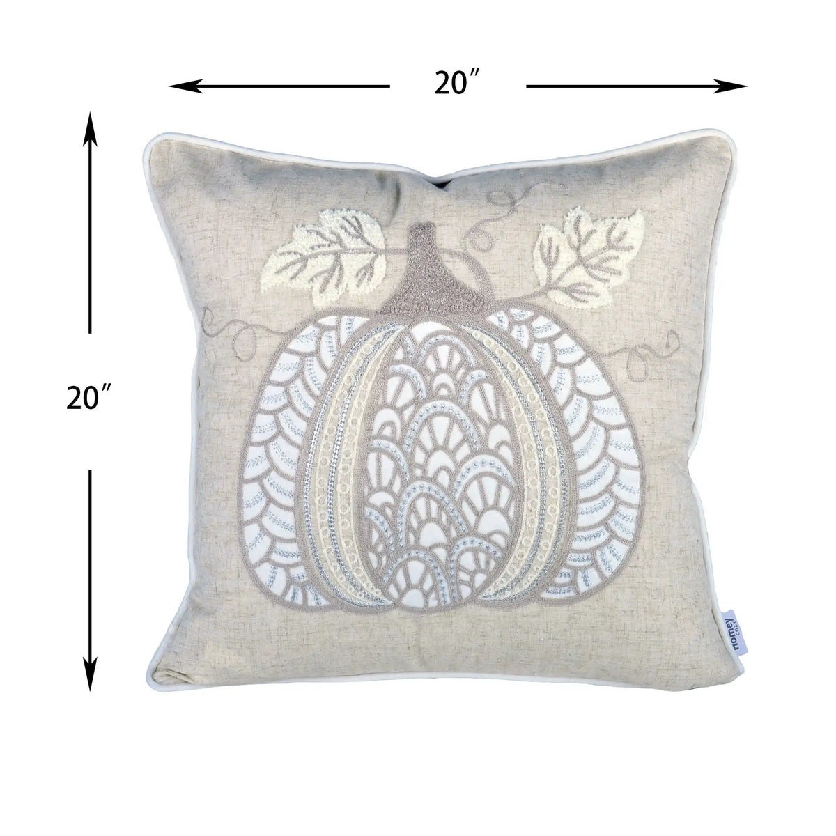 Lace Embroidered Pumpkin Throw Pillow | Natural Taupe And Ivory | Linen-Blend Fabric | 20 x 20 Inch