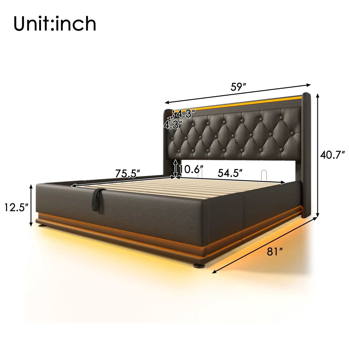 Upholstered Bed, 360 Surround LED Function, Remote Control, Hydraulic Storage Bed | 8 Pieces | Fabric & Iron | Bedroom