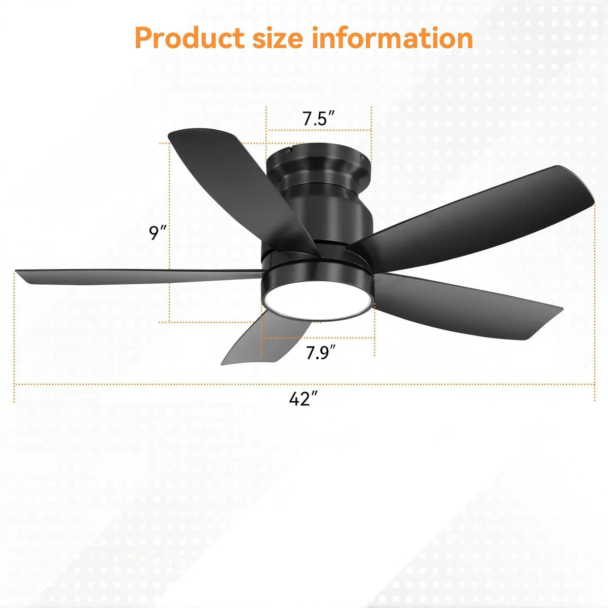 Flush Mount Ceiling Fan | 42 Inch Span | 18W Dimmable LED Light | Black