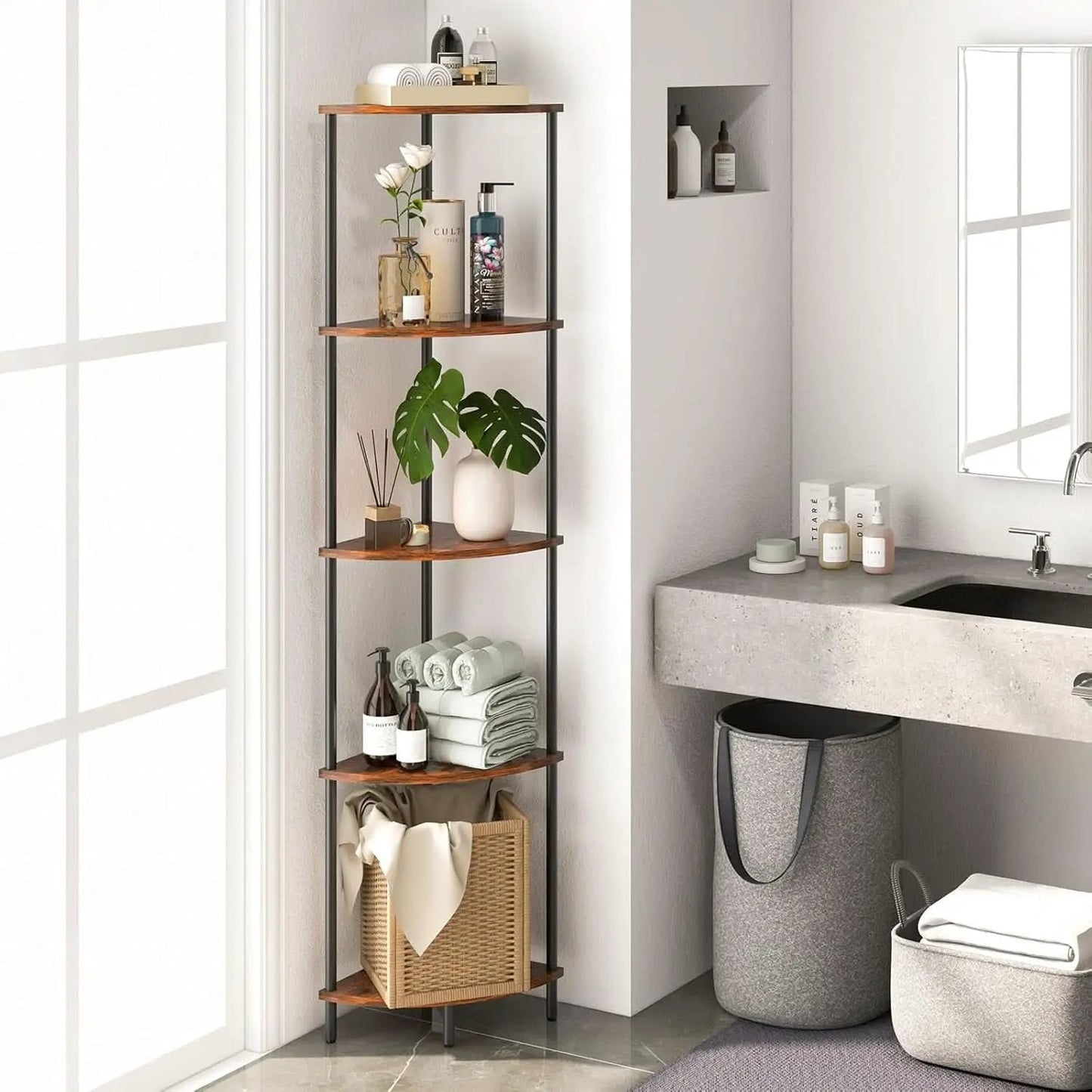 65 Inch Rustic Corner Shelf Stand 5 Tier Bookshelf from PriceLows™
