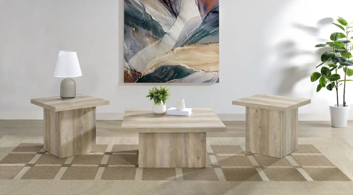 Devar 3-piece Square Coffee End Table Set Distressed Pine | 3-Piece Set | Veneer & Wood | Dining Room