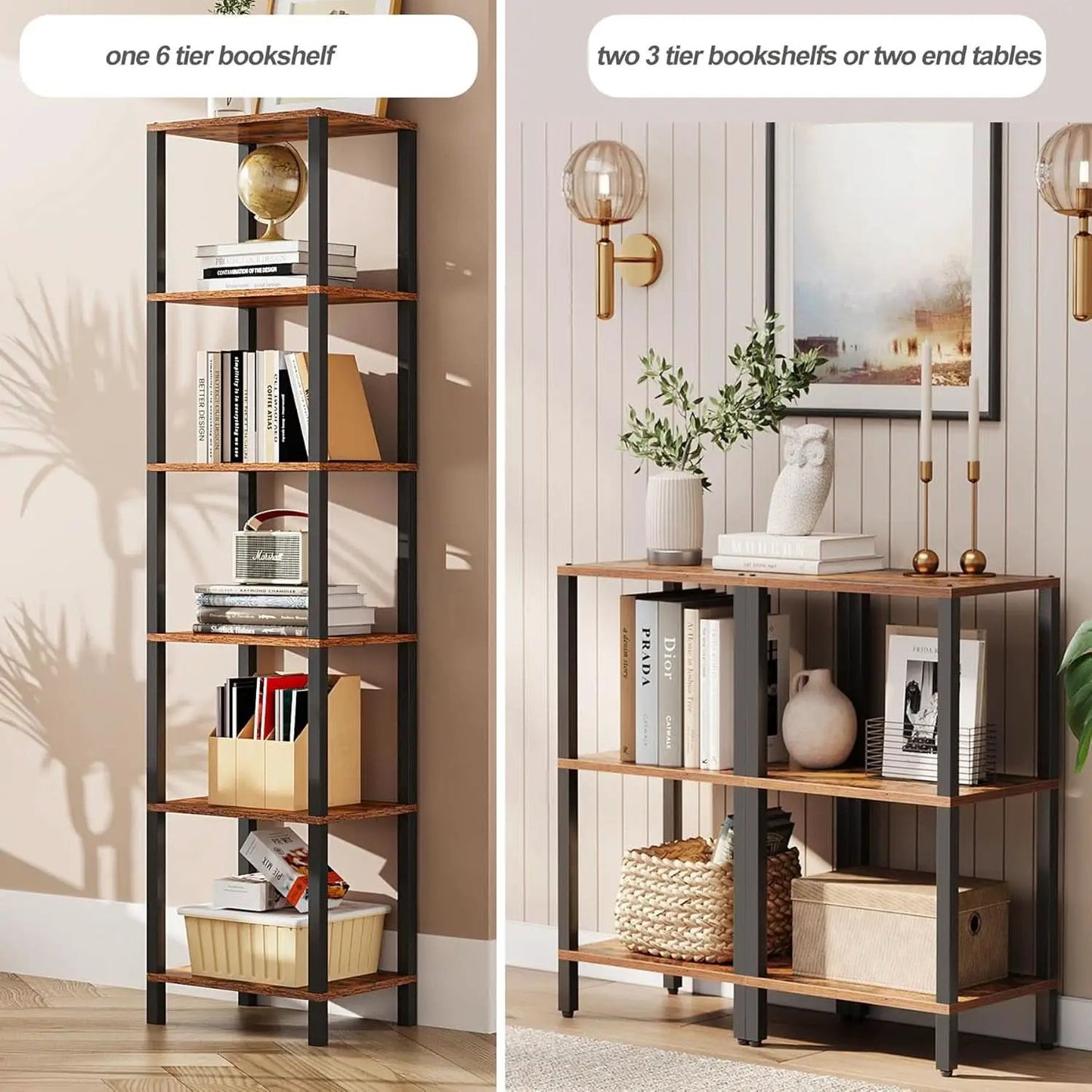 Six Tier Tall Bookshelf Narrow Rustic Brown Bookcase from PriceLows™