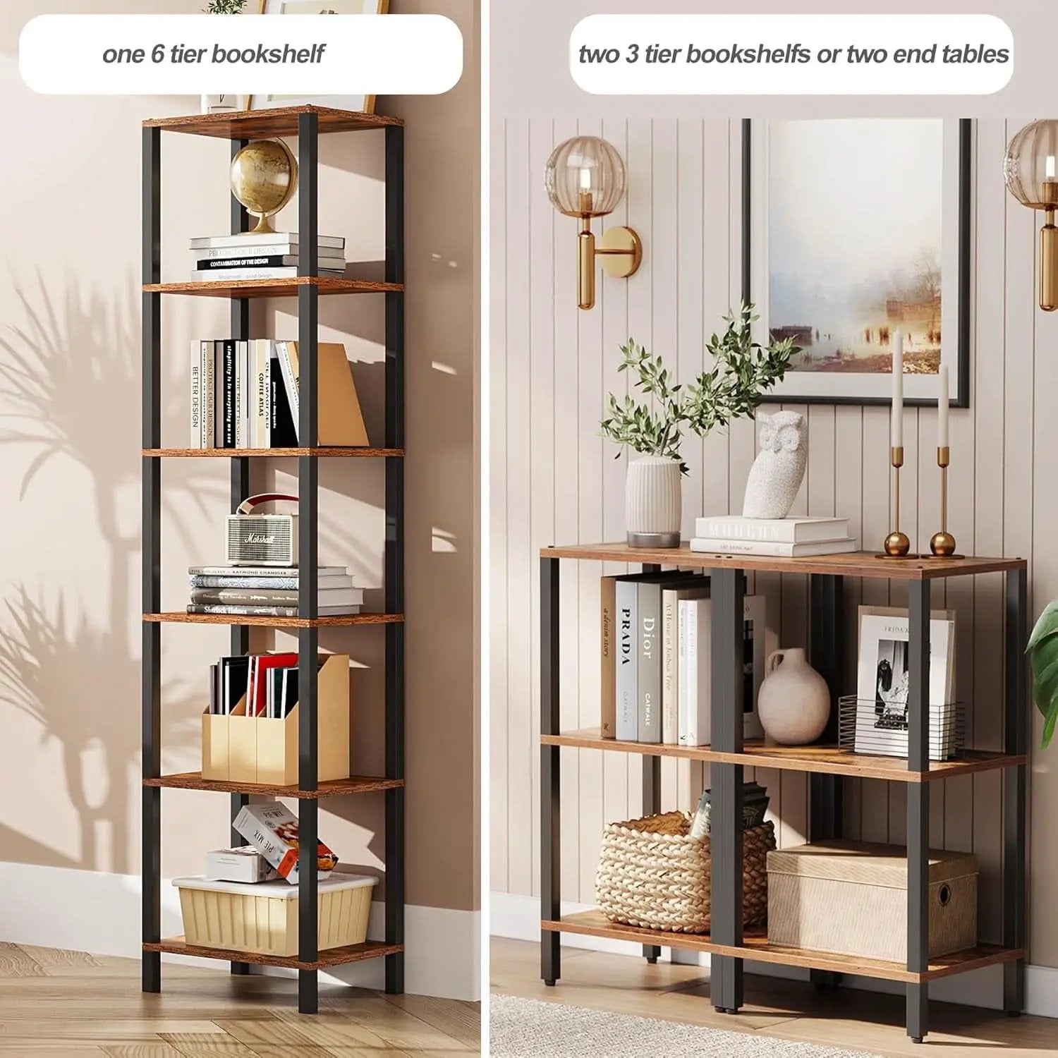 Six Tier Tall Bookshelf Narrow Rustic Brown Bookcase from PriceLows™