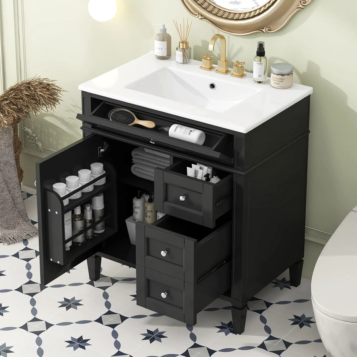30 Inch Bathroom Vanity With Top Sink | 2 Drawers | Tip-Out Drawer | Vintage-Inspired Handles