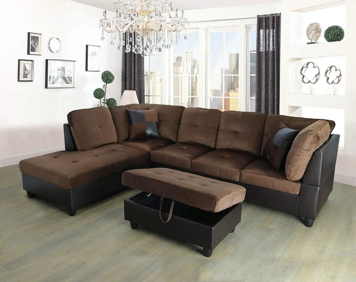 3-Piece Contemporary Sectional Sofa With Chaise And Storage Ottoman Chocolate from PriceLows™