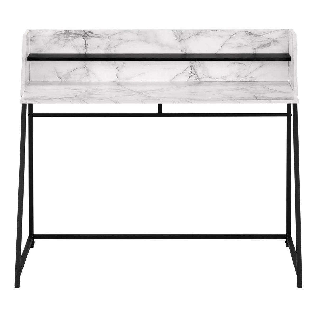 Marble Look Computer Desk | 47.25 Inch Width | Storage Shelves | Trapezoid Metal Base