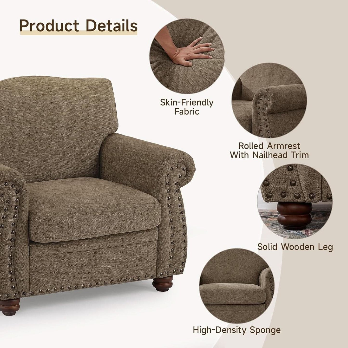 Brown Nailhead Trim Armchair For Living Room Decor from PriceLows™