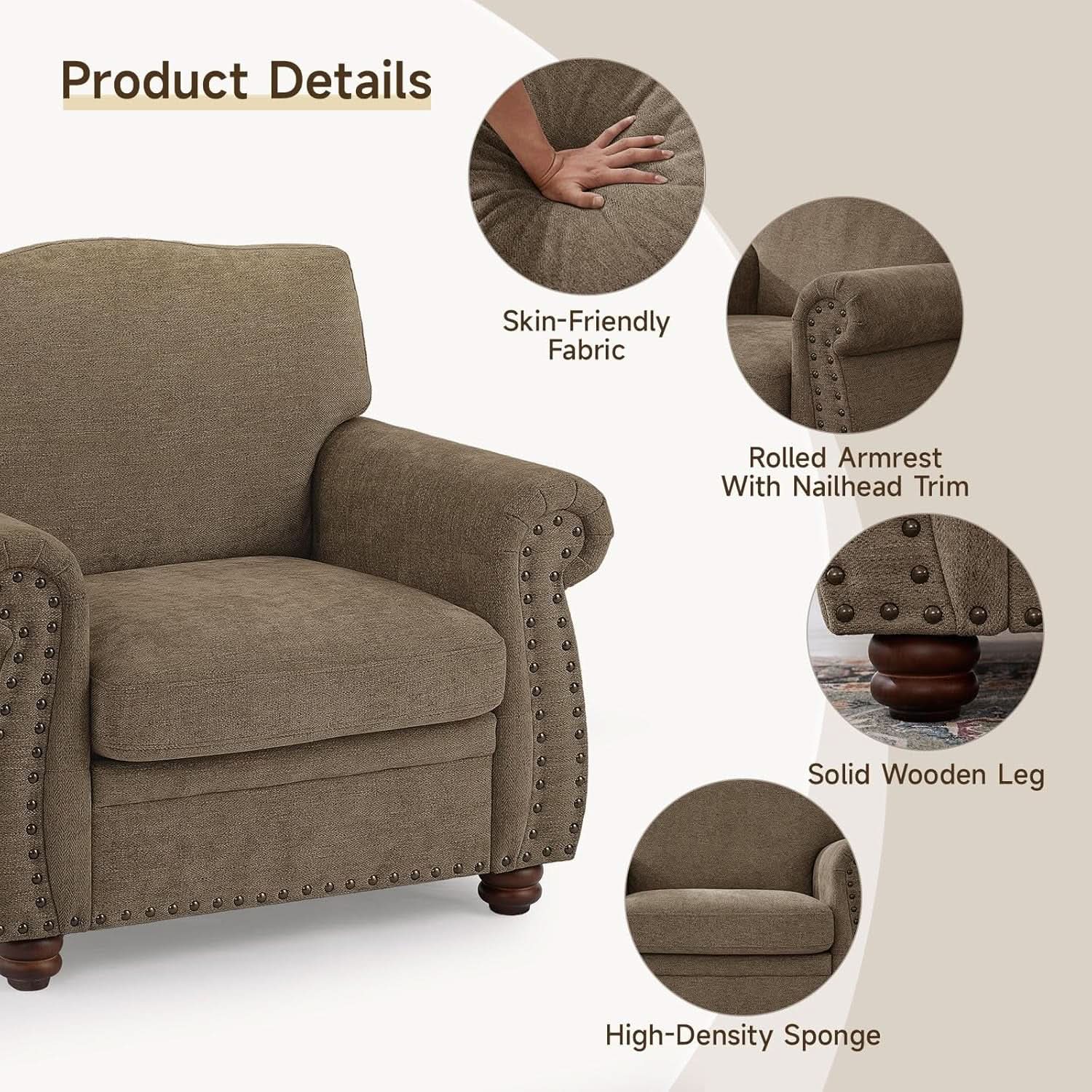 Brown Nailhead Trim Armchair For Living Room Decor from PriceLows™