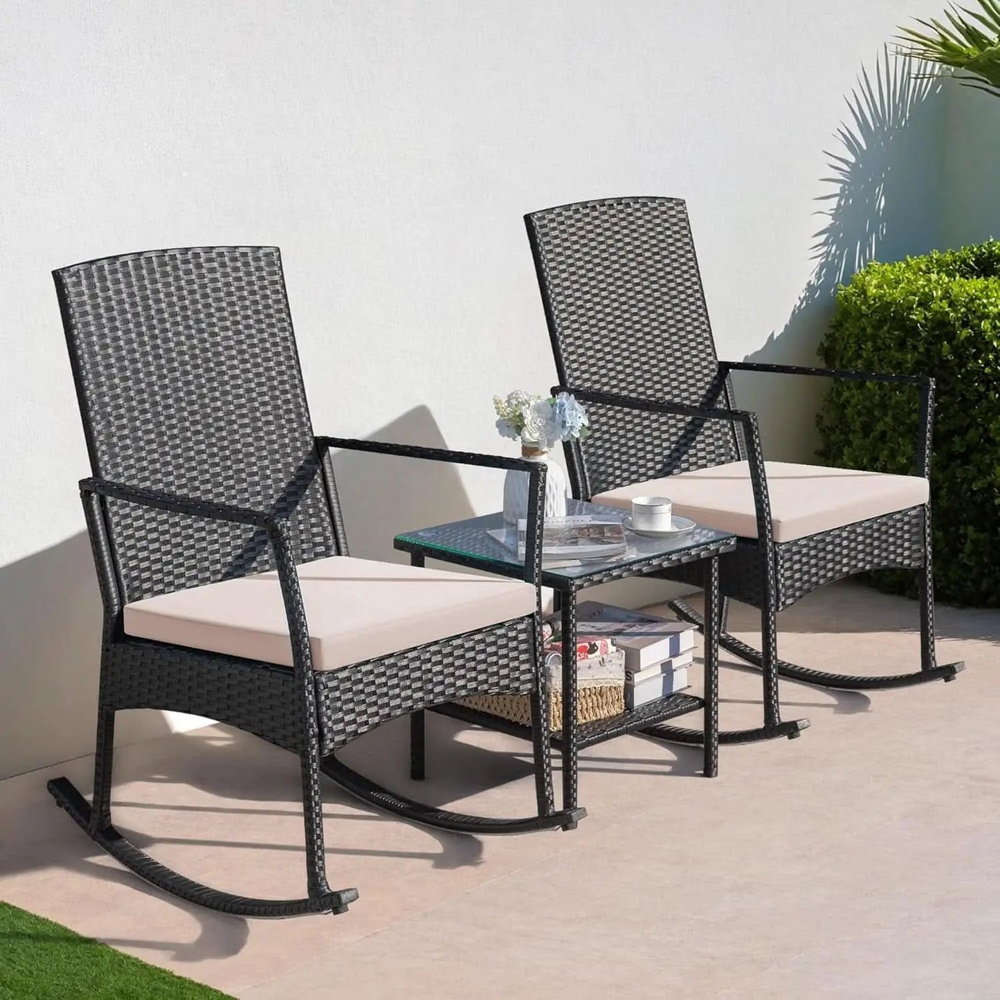 Three Piece Patio Furniture Set Outdoor Wicker Rocking Chairs With Glass Coffee Table Beige from PriceLows™