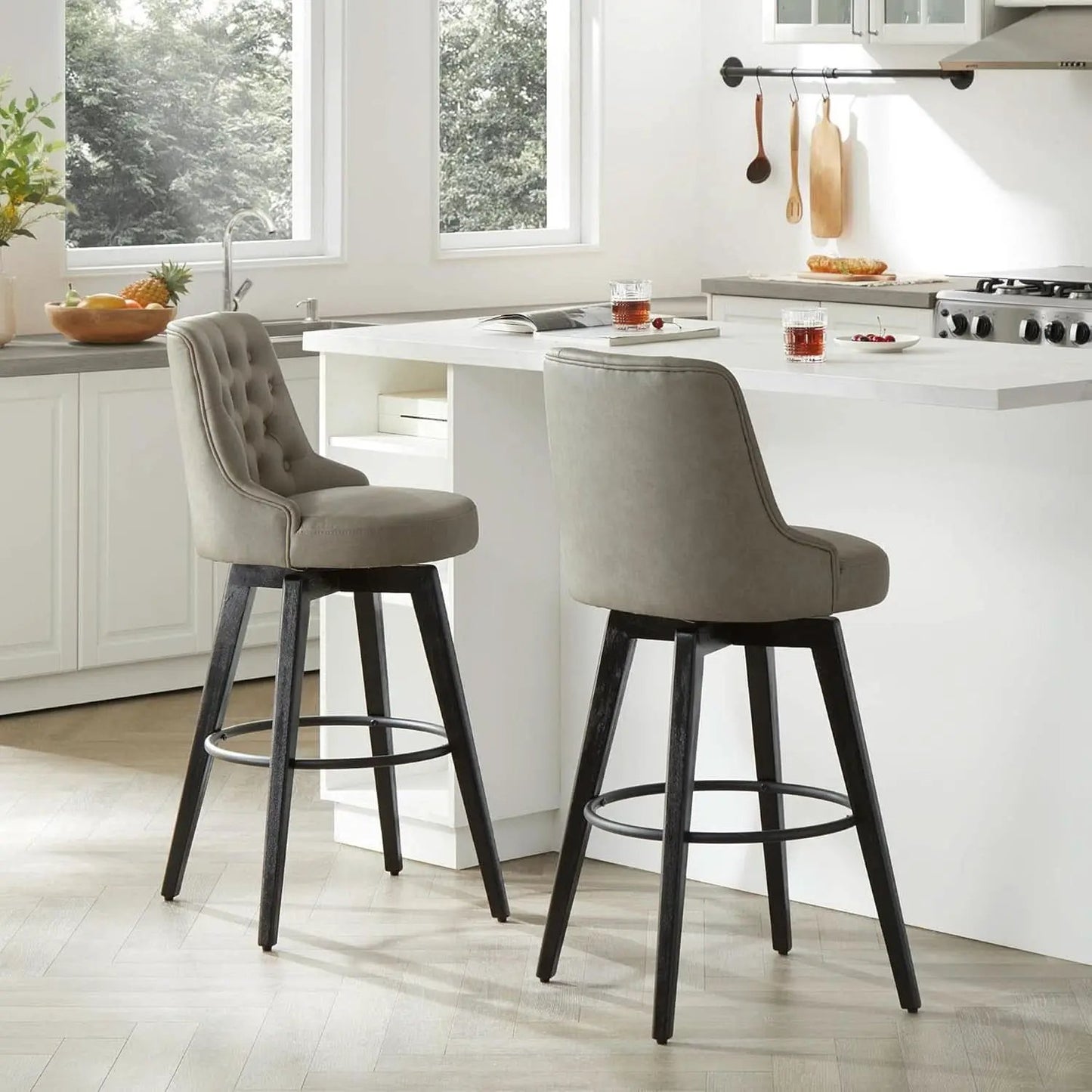 Bar Stool 30 Inch Stone Grey Upholstered 360 Degree Swivel from PriceLows™