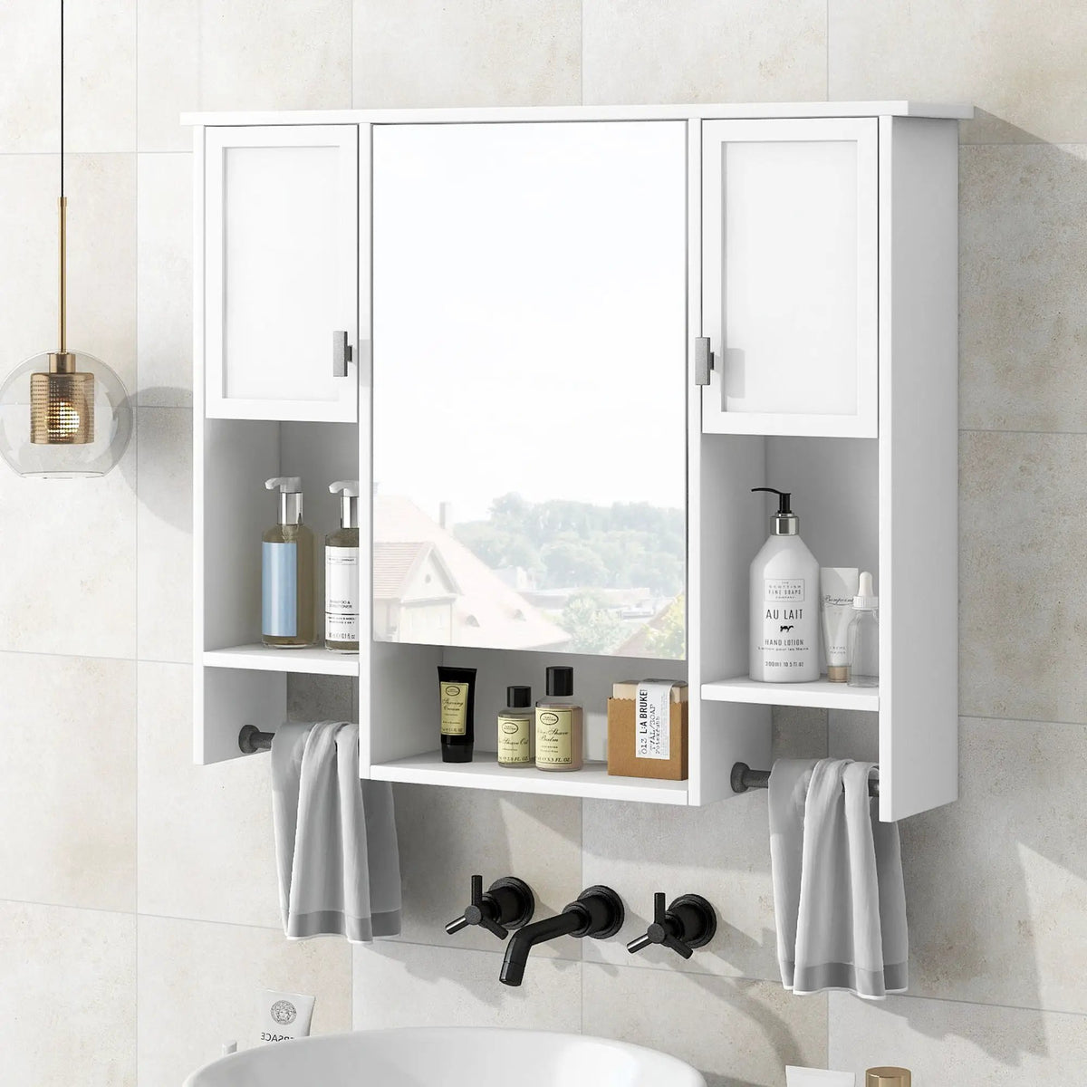 Wall Mounted Bathroom Cabinet With Mirror | Towel Bar | Closed Cabinets And Open Shelves | 35 Inch Width
