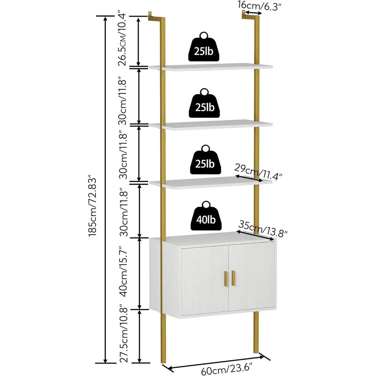 73 Inch Tall Bookshelf With Cabinet Industrial Ladder Wall Shelf White Gold from PriceLows™