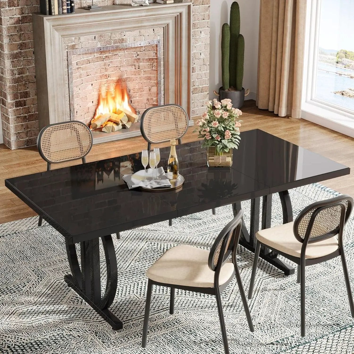 Black 63 Inch Rectangular Dining Table With Thickened Top from PriceLows™