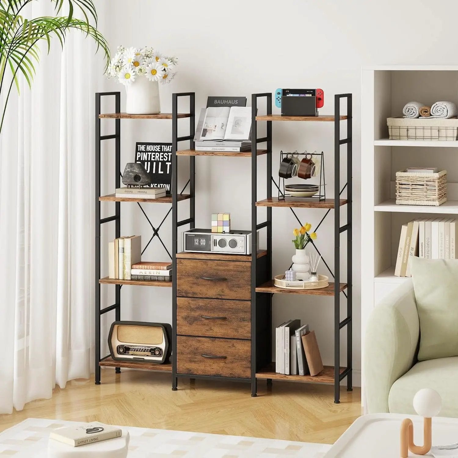 Rustic Brown Triple Bookshelf With Drawers 47 Inch Wide from PriceLows™
