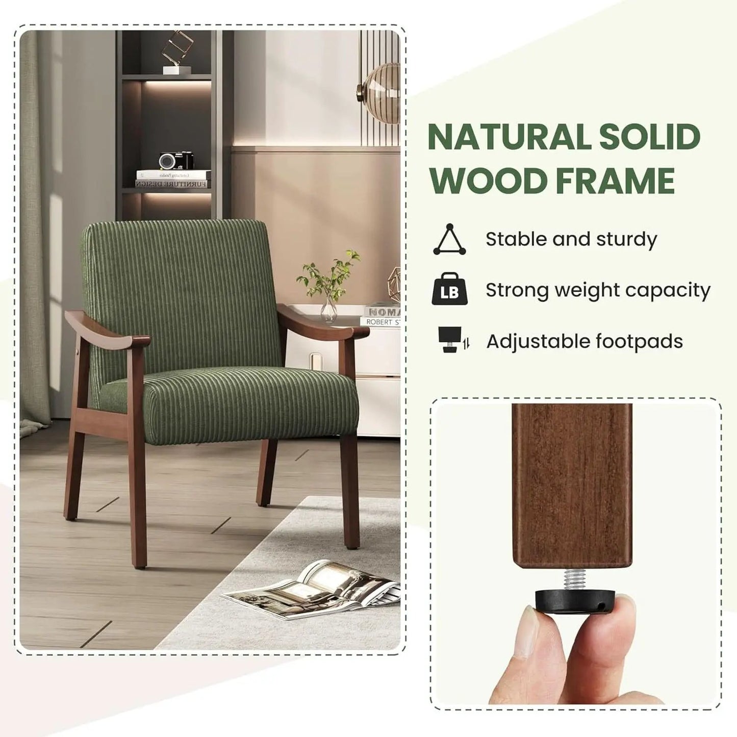 Dark Green Corduroy Armchair Mid Century Solid Wood from PriceLows™