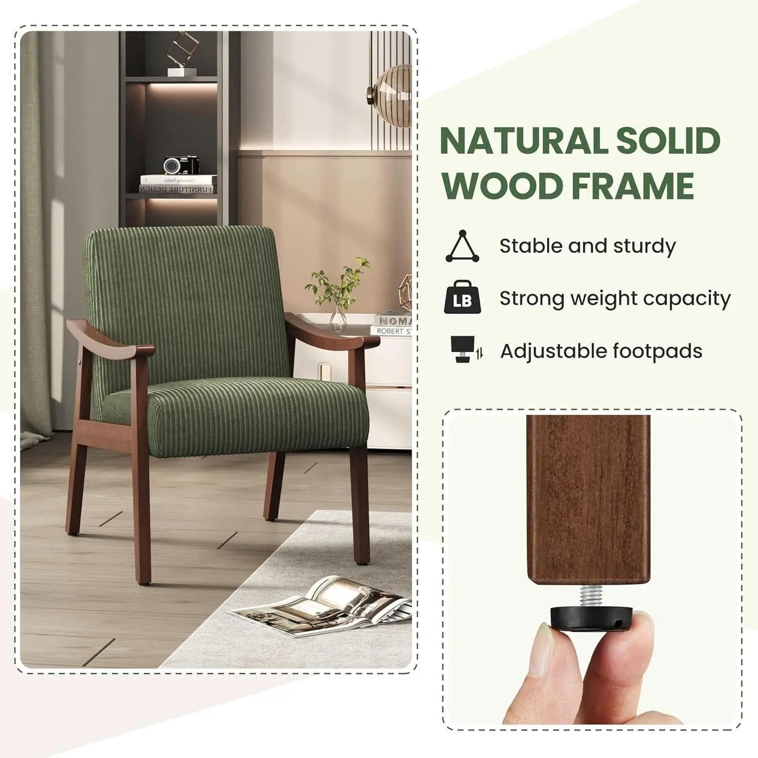 Dark Green Corduroy Armchair Mid Century Solid Wood from PriceLows™