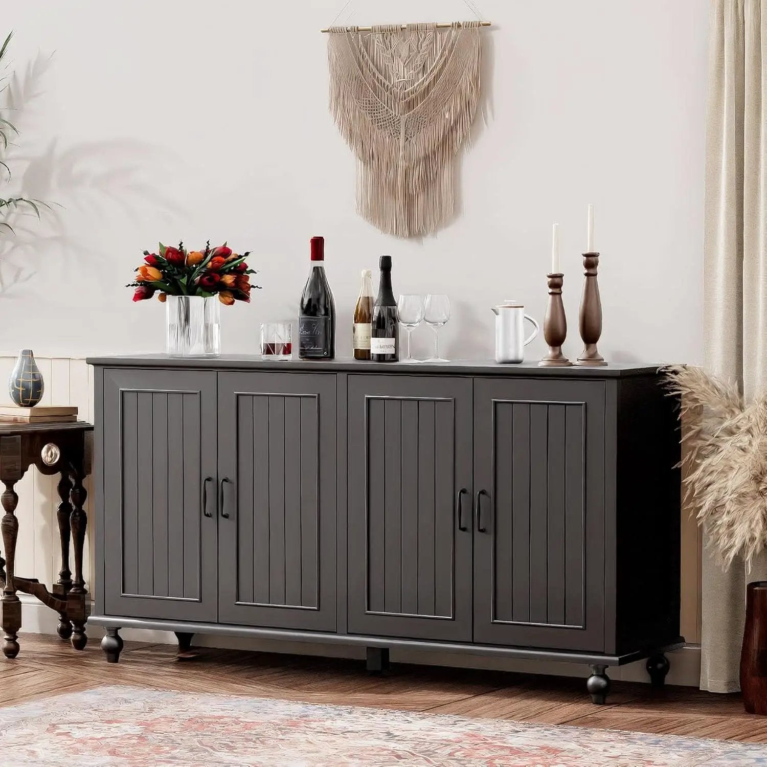 Black 62 Inch Coffee Bar Cabinet Four Doors Storage from PriceLows™