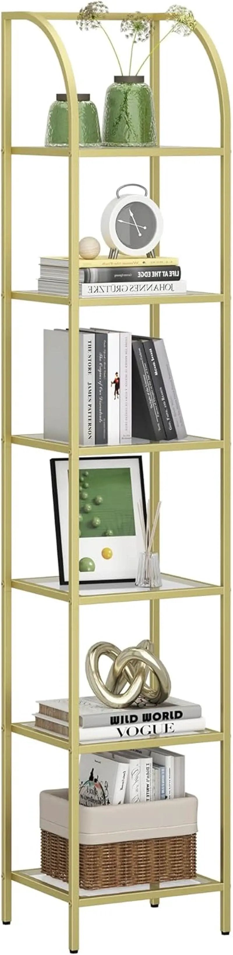 Bookcase Bookshelf 6 Tier Gold Tempered Glass Arched Top from PriceLows™