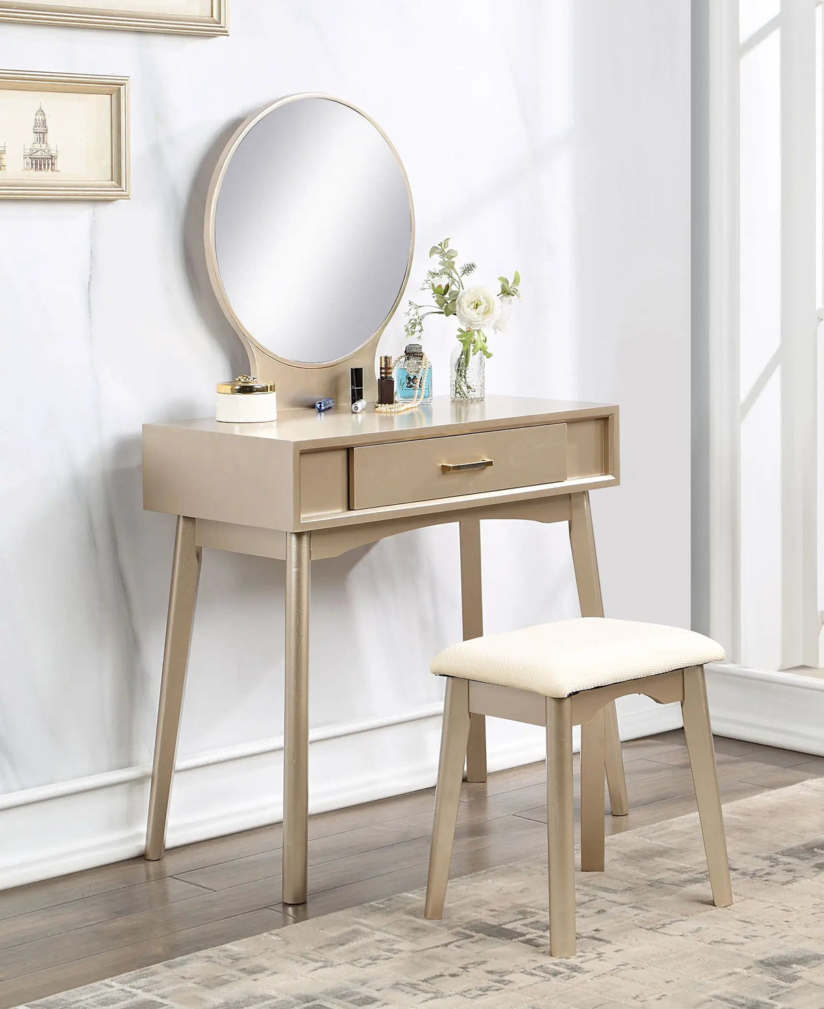 Maly Vanity And Stool Set | Contemporary Wood | Gold Finish | Solid Rubberwood Frame