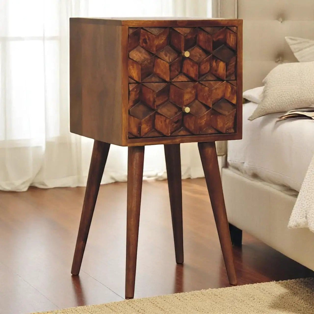 Mini Cube Carved 2 Drawer Nightstand | 12.2 x 11.81 x 24.41 in | Mango Wood & Brass | Bedroom