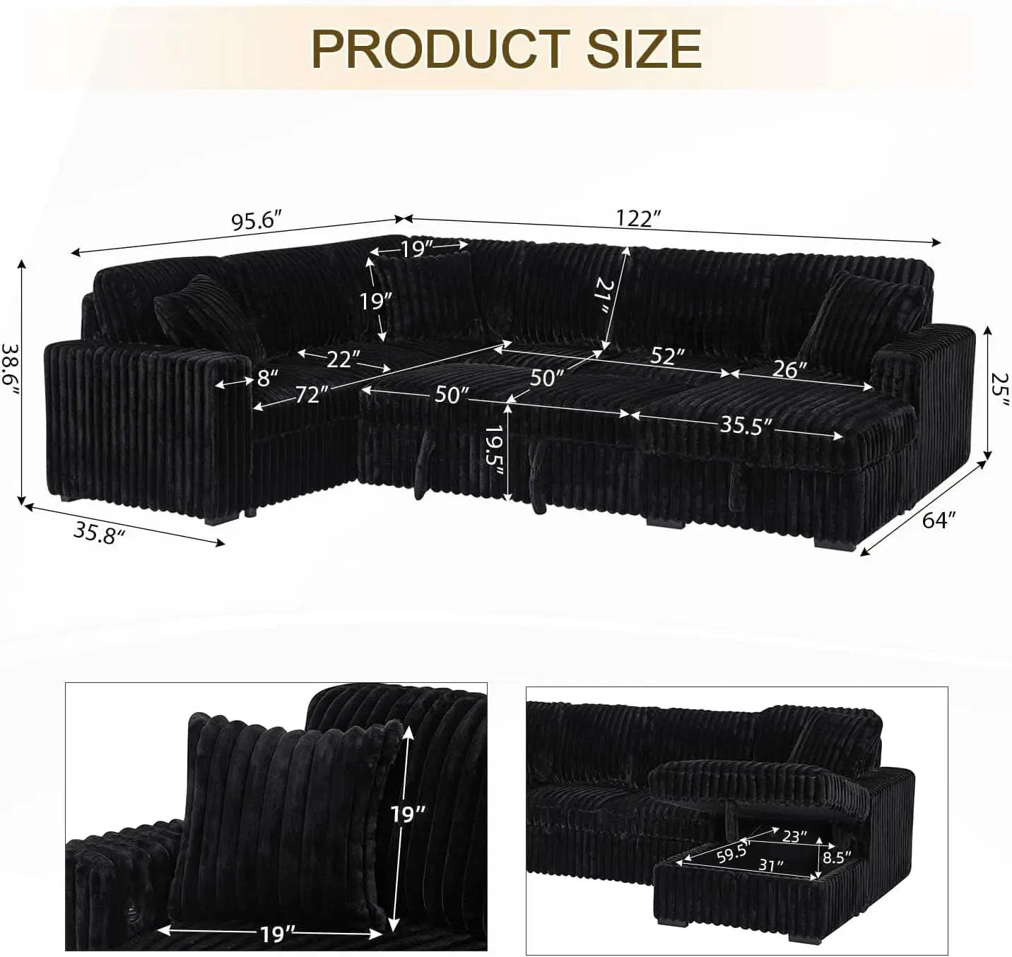 Black 122Inch U Shaped Sleeper Sectional USB Charging Ports from PriceLows™