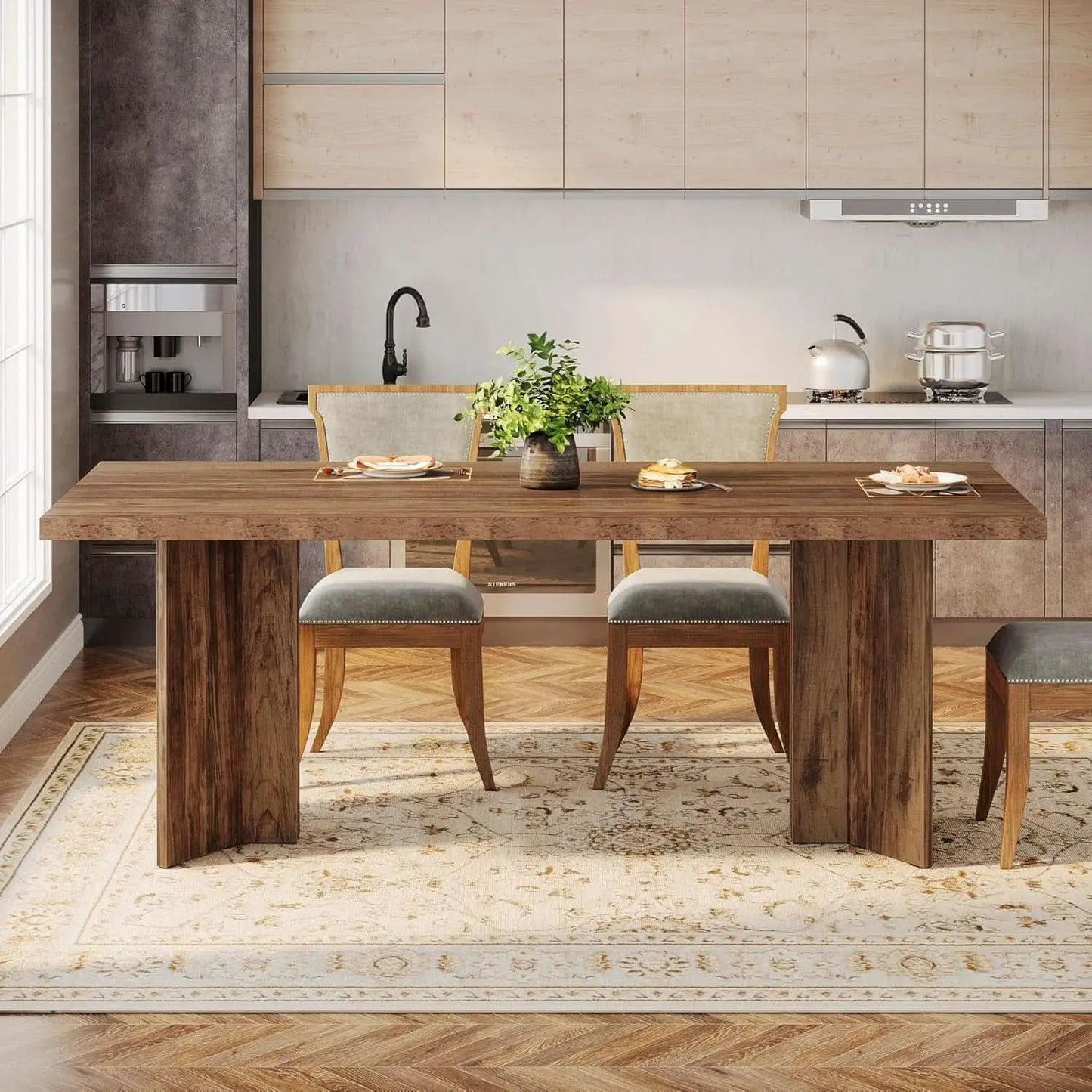 63 Inch Farmhouse Dining Table Vintage Brown Elegant from PriceLows™