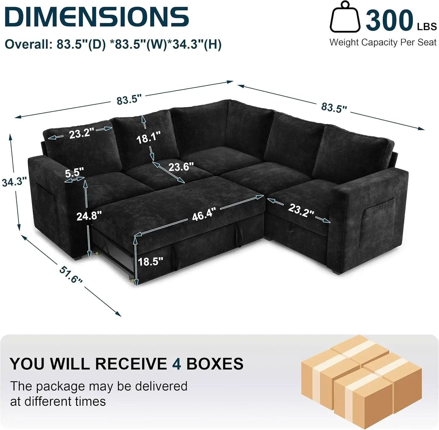 Black 83Inch Deluxe Sleeper Sectional Sofa With Storage from PriceLows™