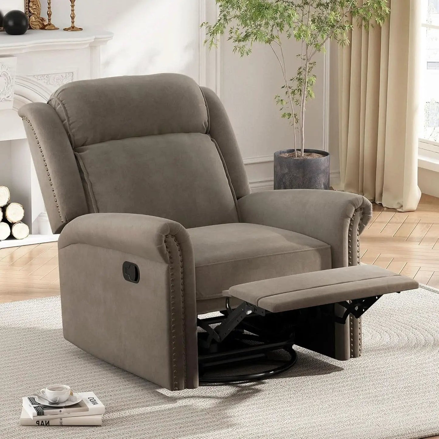 Light Brown Velvet Swivel Rocker Recliner Nailhead Trim from PriceLows™