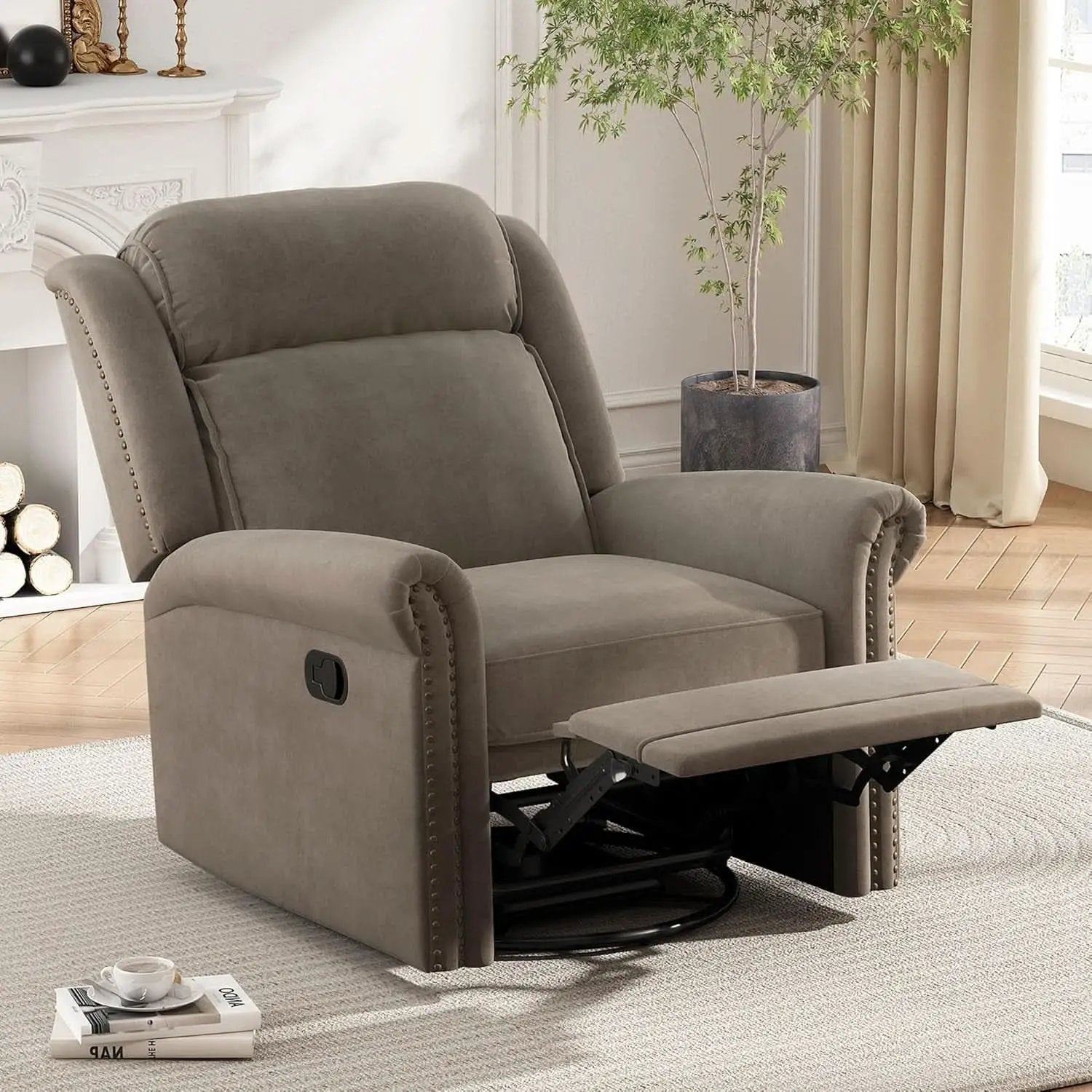 Light Brown Velvet Swivel Rocker Recliner Nailhead Trim from PriceLows™