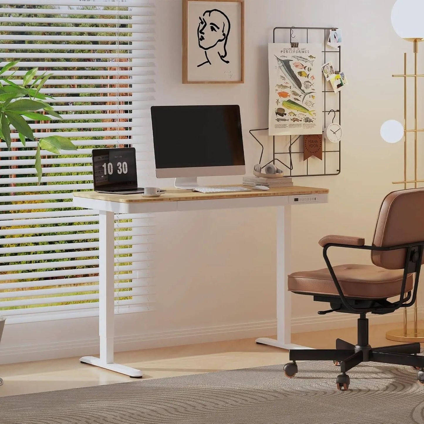 Electric Standing Desk USB Ports And Drawer Bamboo White from PriceLows™