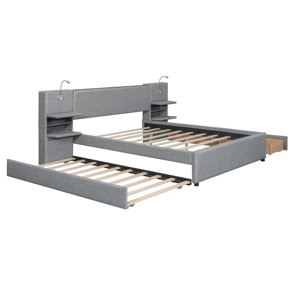 Upholstered Platform Bed | Reading Lights | Drawers And Trundle | Storage Shelves