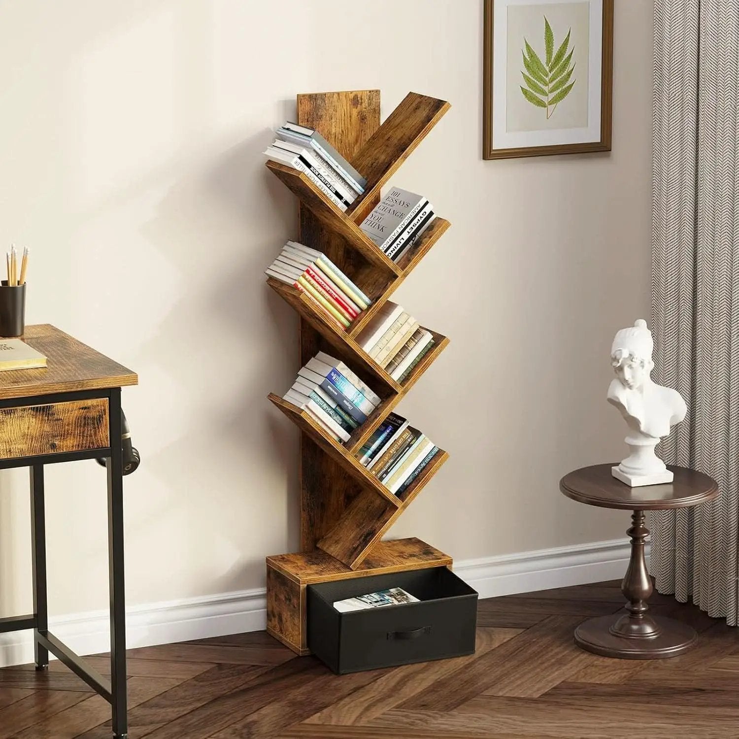 Rustic Brown 7 Shelf Tree Bookshelf With Drawer Living Room from PriceLows™