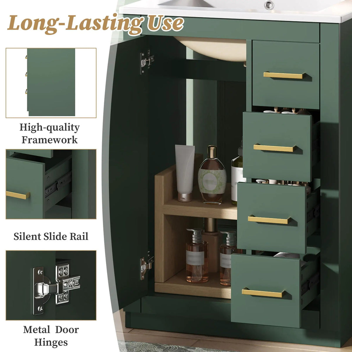 24 Inch Modern Bathroom Vanity | 1 Door 3 Drawers | Ceramic Sink | Compact Footprint