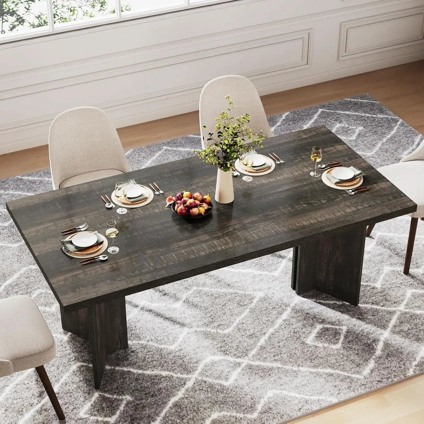 63 Inch Dark Gray Dining Table Farmhouse Rectangular from PriceLows™