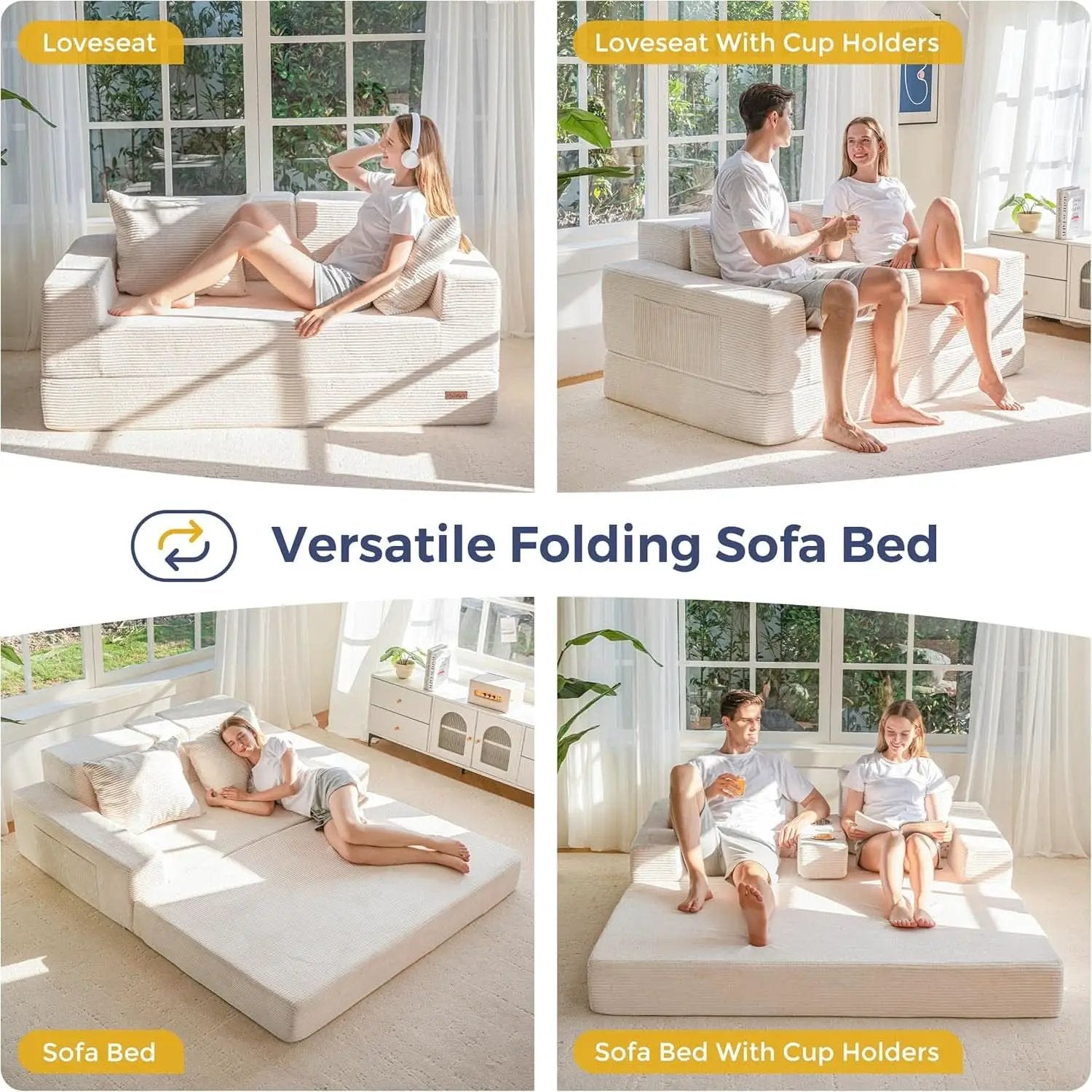 Beige Foldable Convertible Sleeper Sofa With CupHolders from PriceLows™