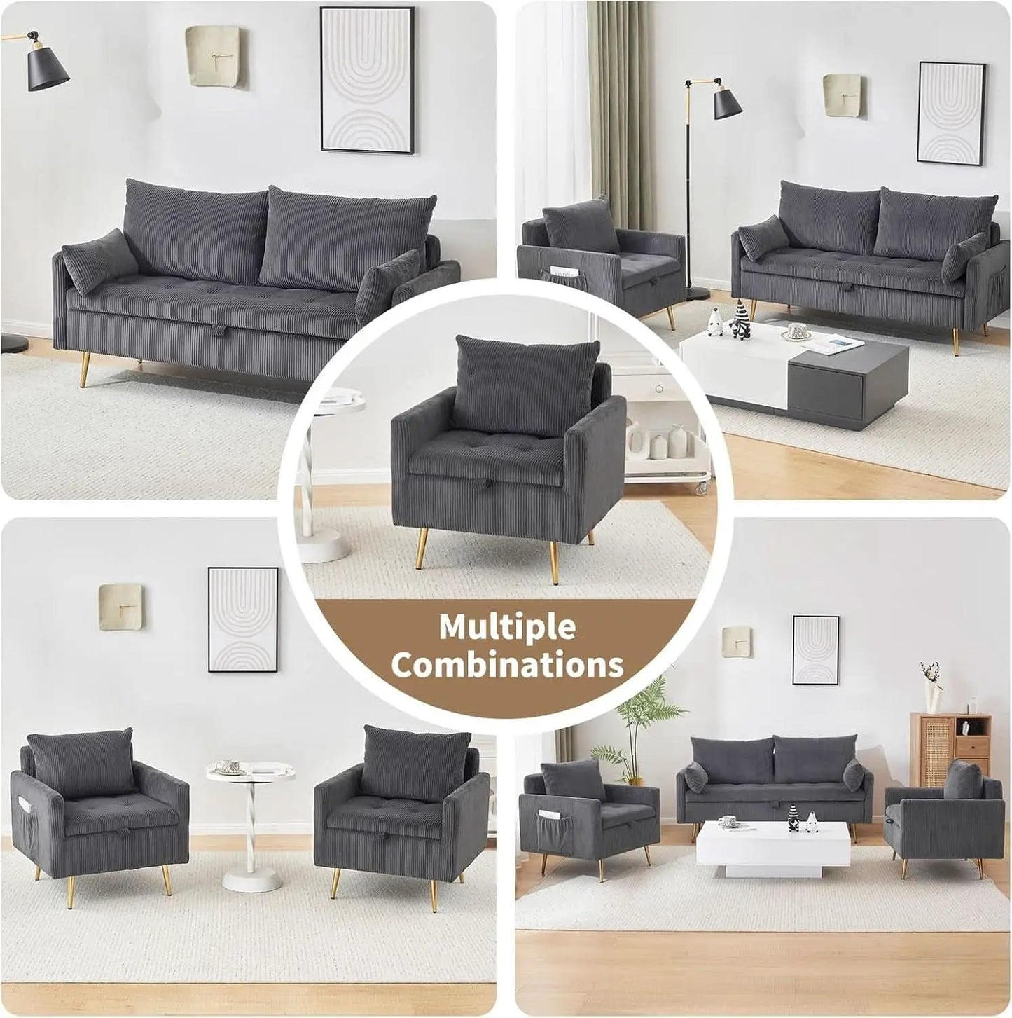 3 Piece Storage Sofa Set With Corduroy Gray Loveseat from PriceLows™