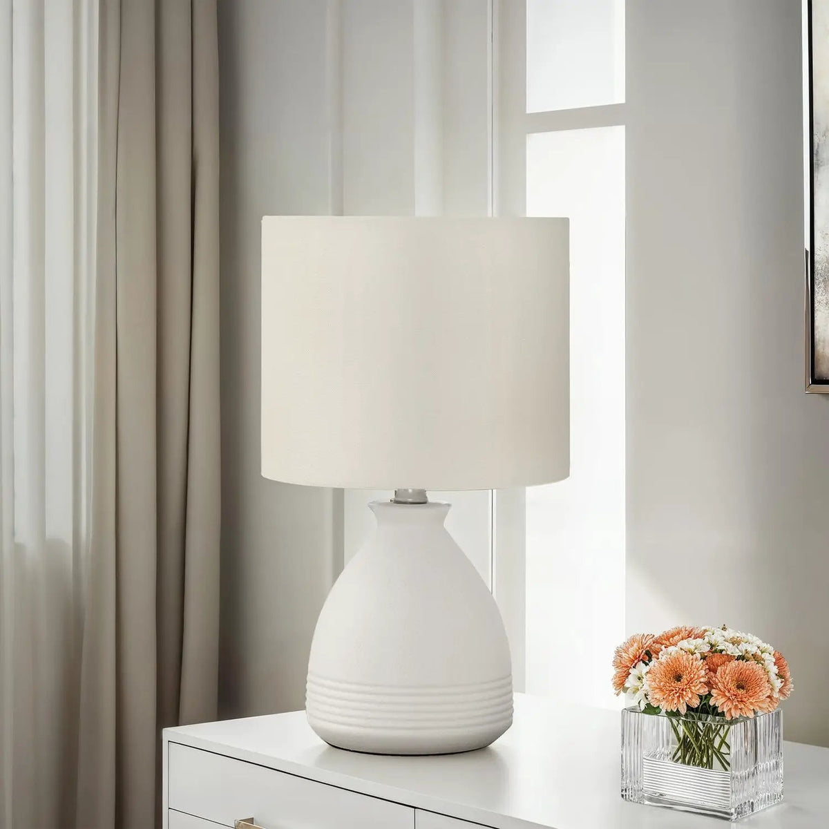 Cream Ceramic Table Lamp | Beehive Base | 16.5 Inch Height | Ivory Fabric Drum Shade
