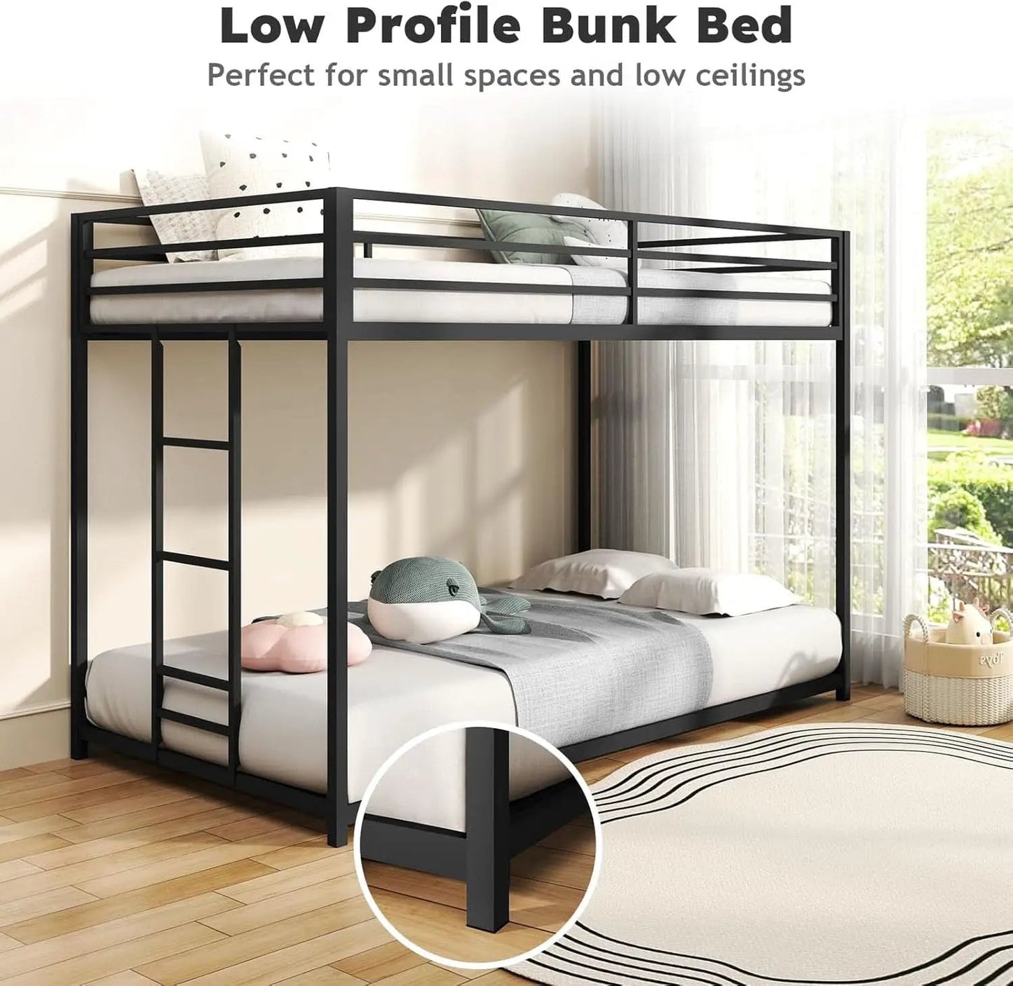 Twin Over Twin Metal Low Profile Bunk Bed With Guardrails And Ladder Black from PriceLows™