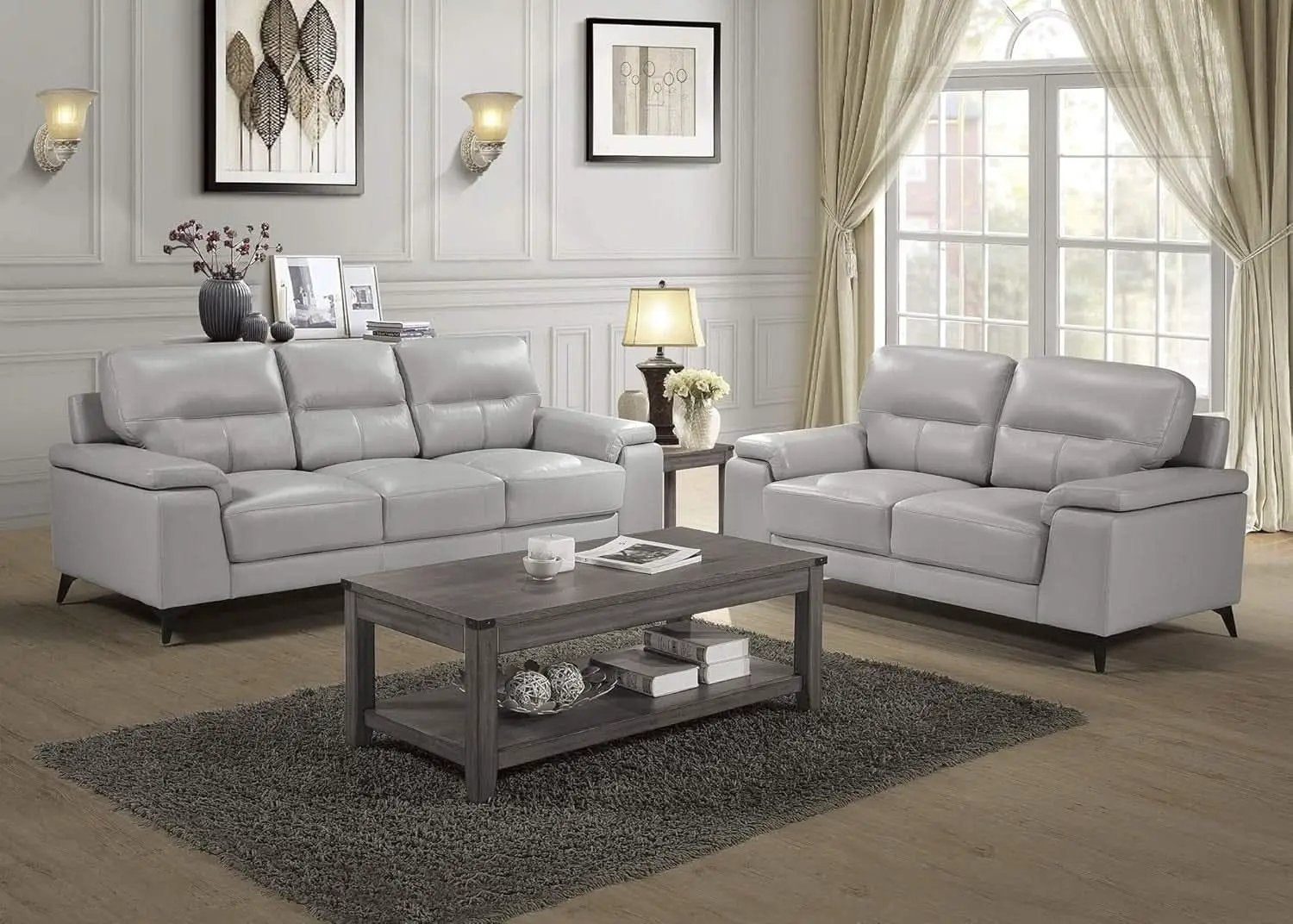 89 Inch Leather Sofa Silver Gray With Metal Legs Wood Frame from PriceLows™