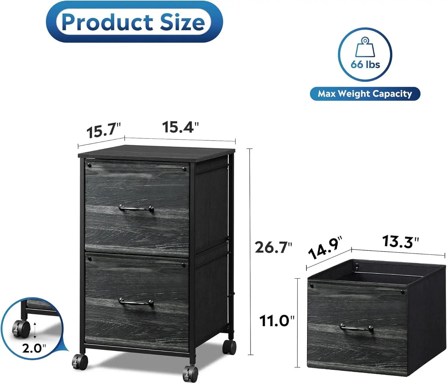 2 Drawer Mobile File Cabinet Rolling Printer Stand Charcoal Black Wood Grain Finish For Home Office from PriceLows™