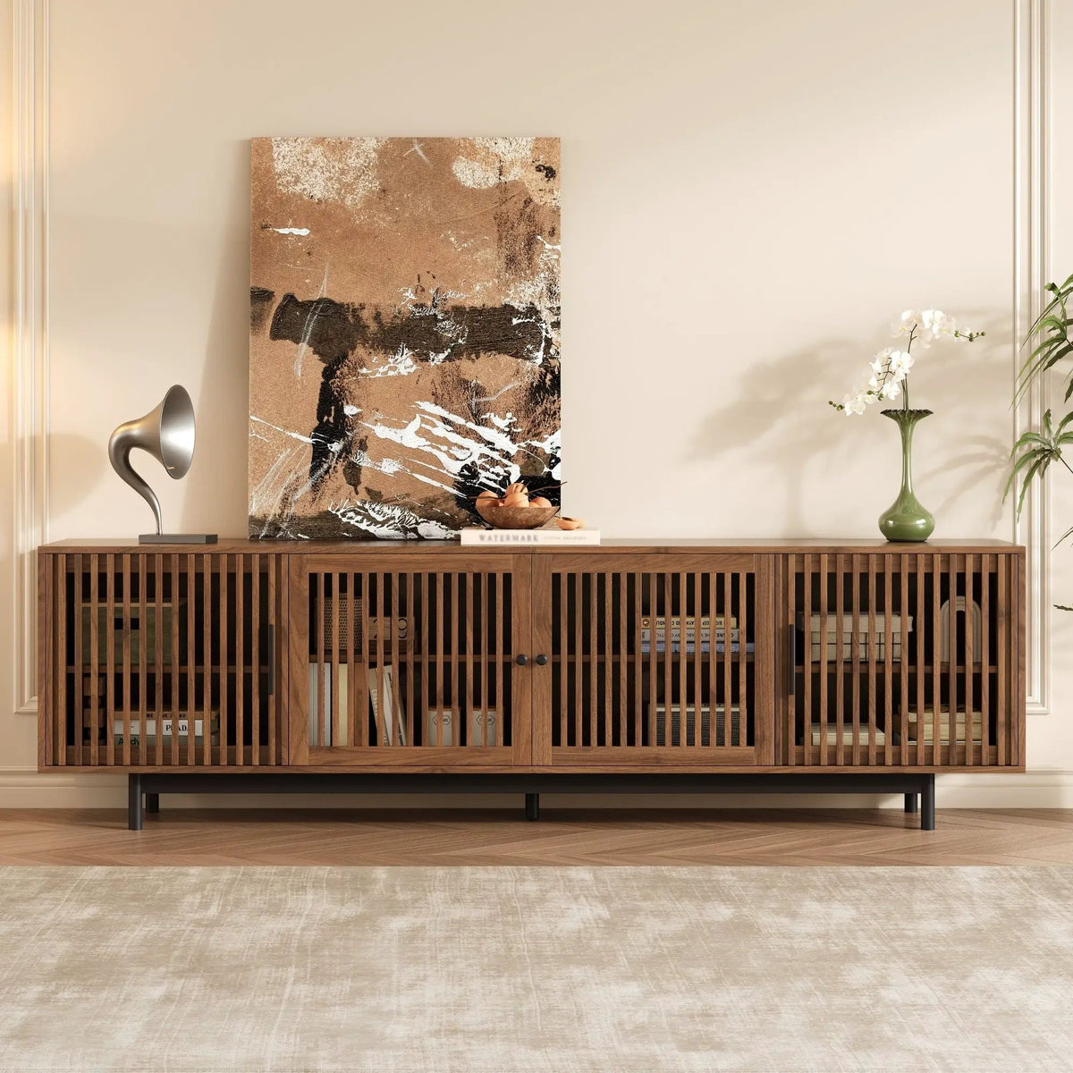 TV Stand | Walnut Finish | Slatted Doors | Cable Management