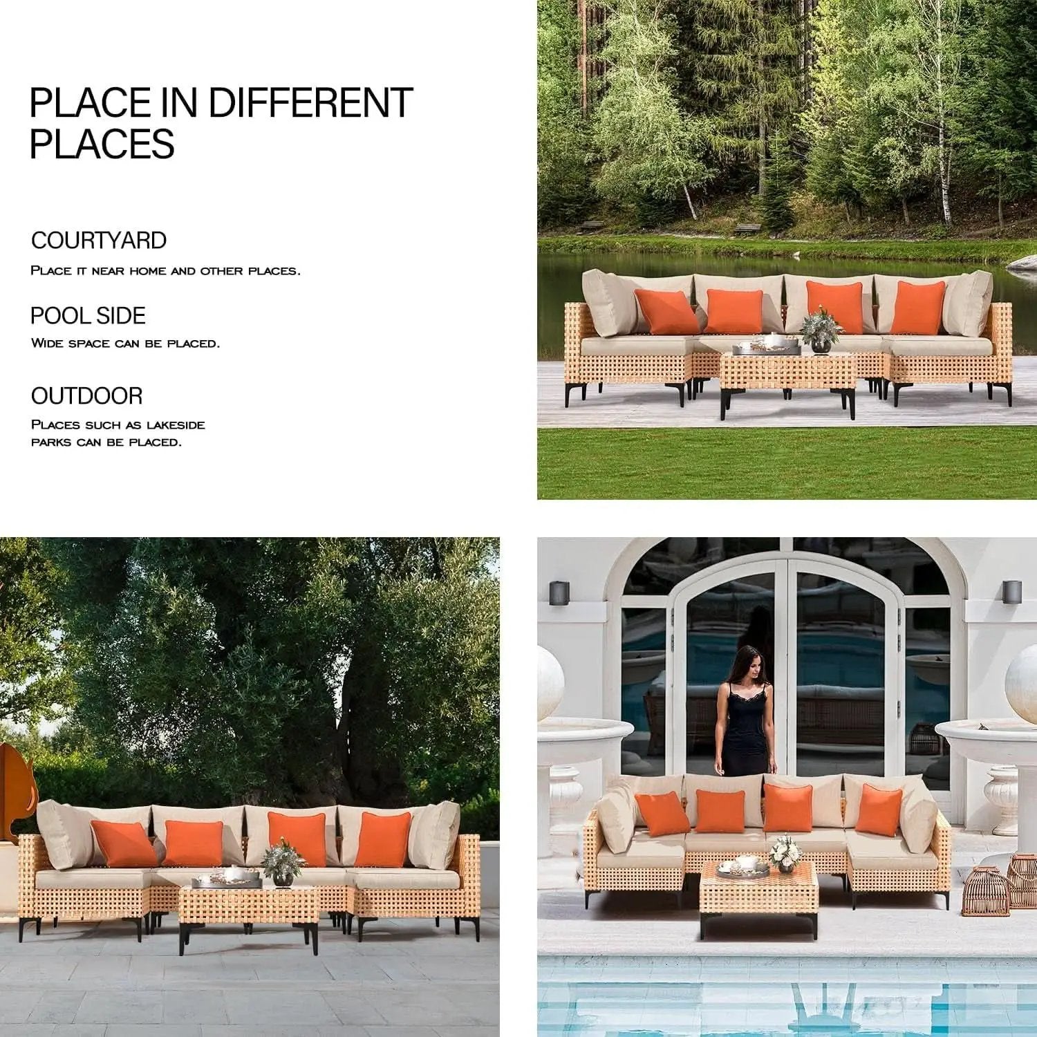 5 Piece Outdoor Patio Set Salmon Orange Wicker Sectional from PriceLows™