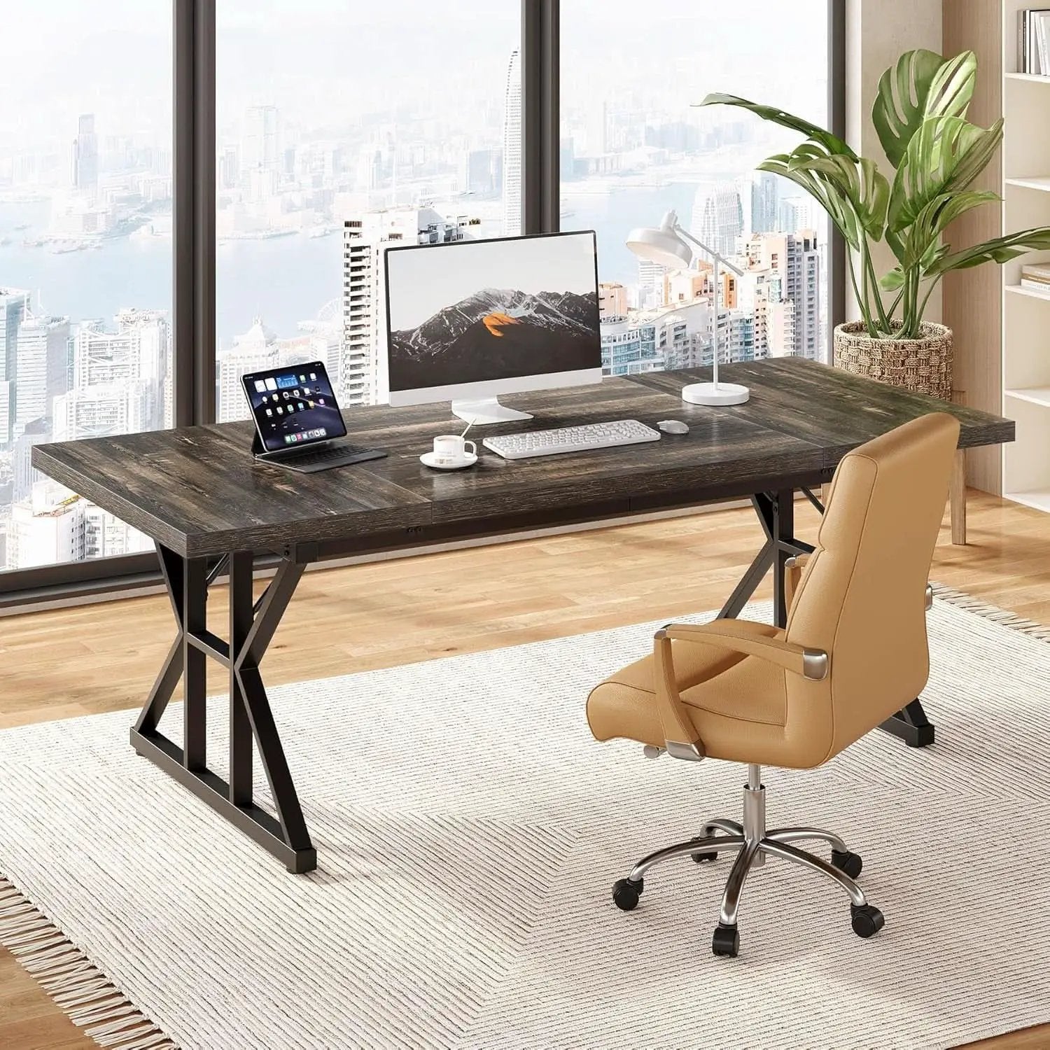 70.8 Inch Large Executive Desk Black Oak Wood Office Desk from PriceLows™