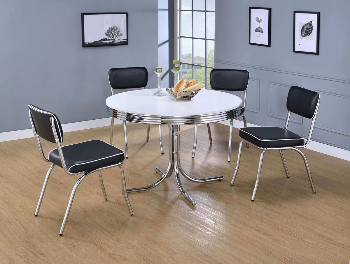 Retro Round 42-inch Wood Top Dining Table White and Chrome | 42 x 42 x 30 in | Engineered Wood & Veneer | Dining Room