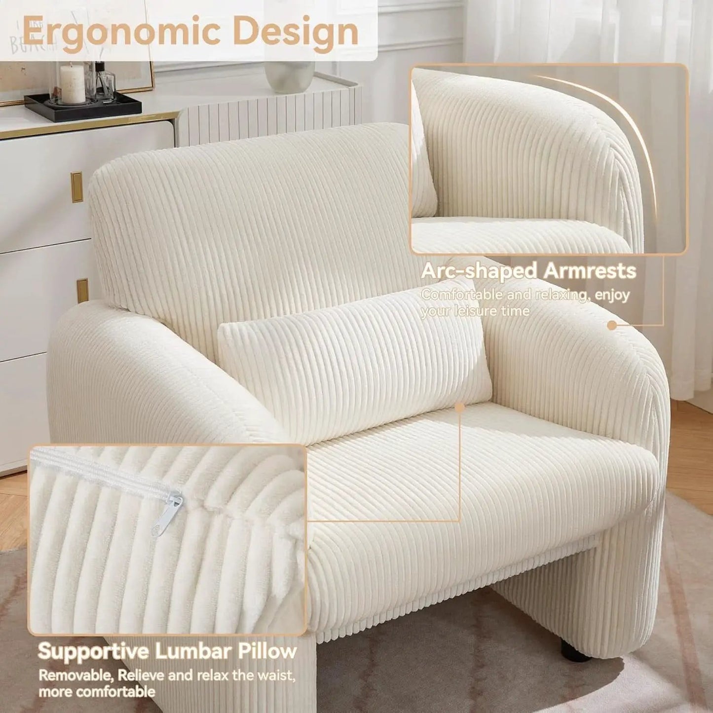 Corduroy Upholstered Accent Chair White Lumbar Pillow from PriceLows™