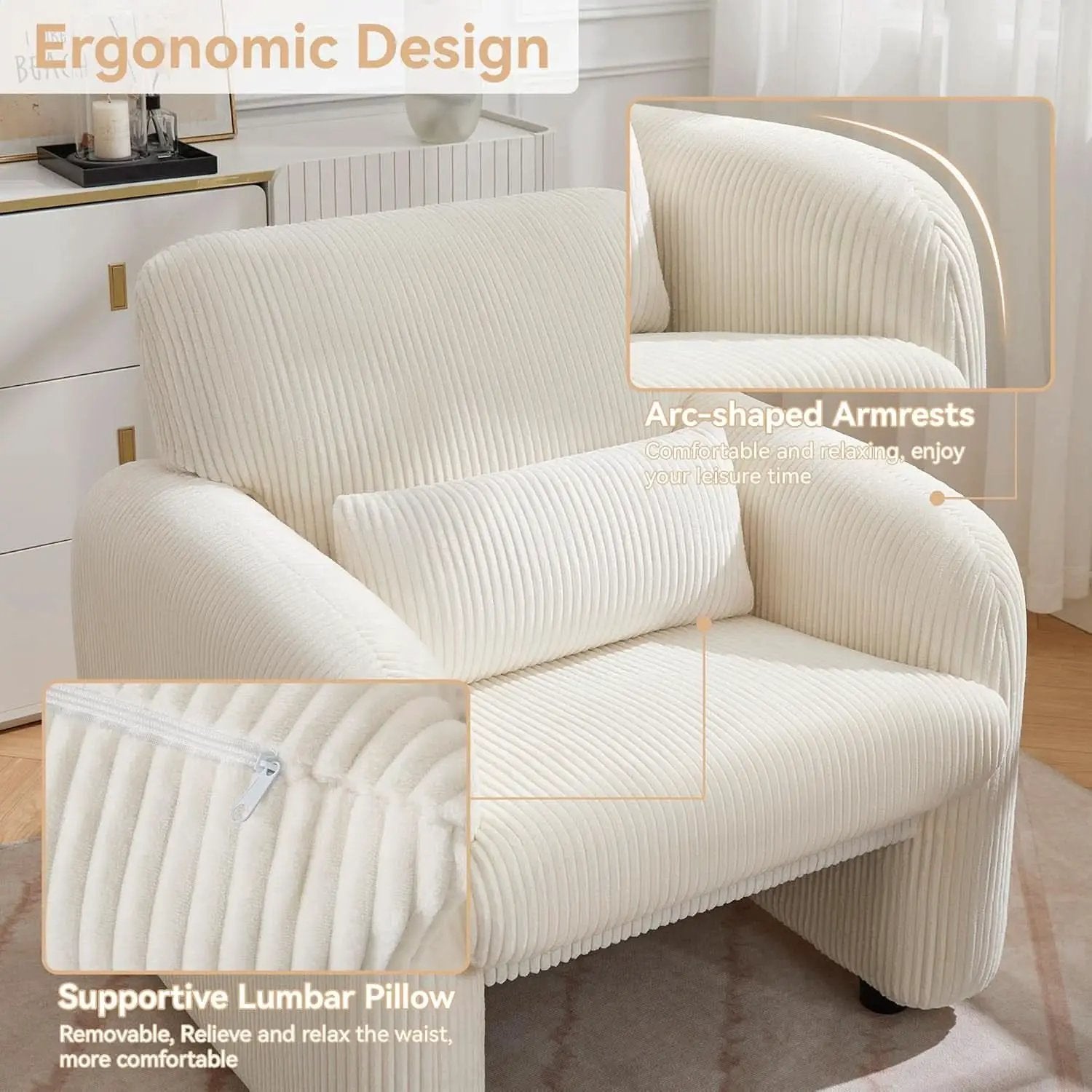 Corduroy Upholstered Accent Chair White Lumbar Pillow from PriceLows™