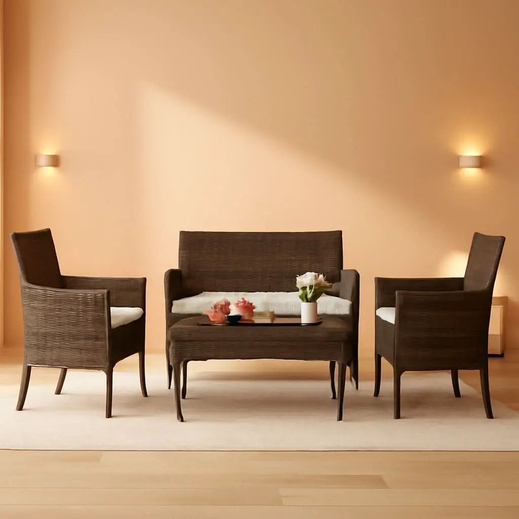 4 Piece Wicker Patio Set With Glass Table Beige Cushions from PriceLows™
