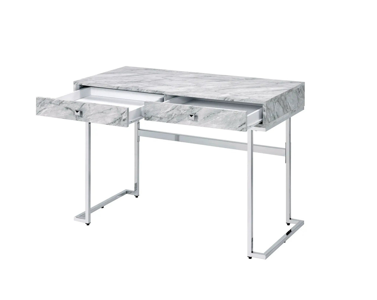 Tigress Writing Desk | Printed Faux Marble Top | White Engineered Stone Look | Two Storage Drawers